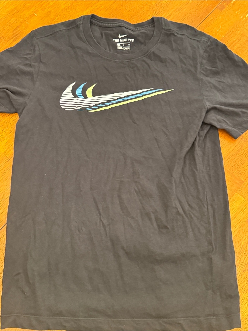 Nike Black Short-Sleeve Tee with Blue and Yellow Swoosh S Small